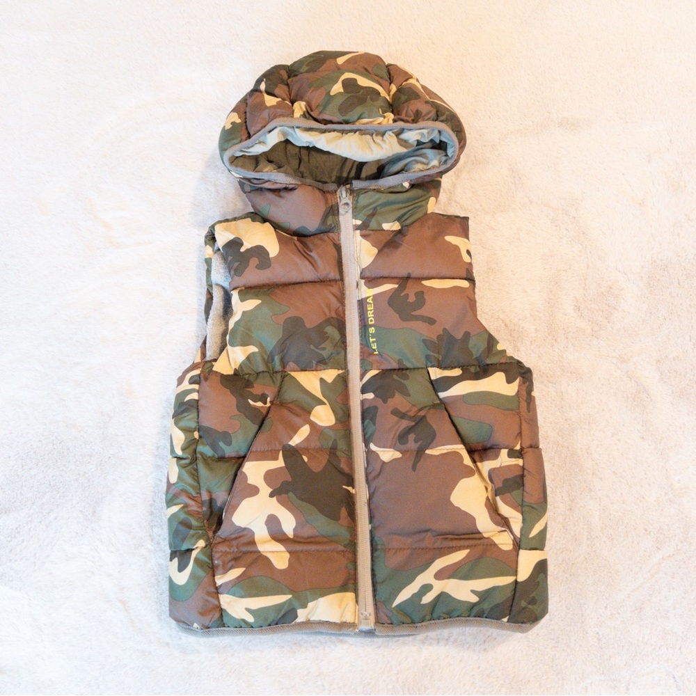 Zara Toddler Boys Puffy Hooded Vest Camouflage Brown Green Tan Size 3-4